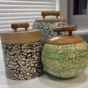 Elegant Crackle Glaze Ceramic Jars - Black, Cream, Green
